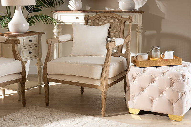 Caleb Ivory Fabric Upholstered Whitewashed Wood Armchair Baxton