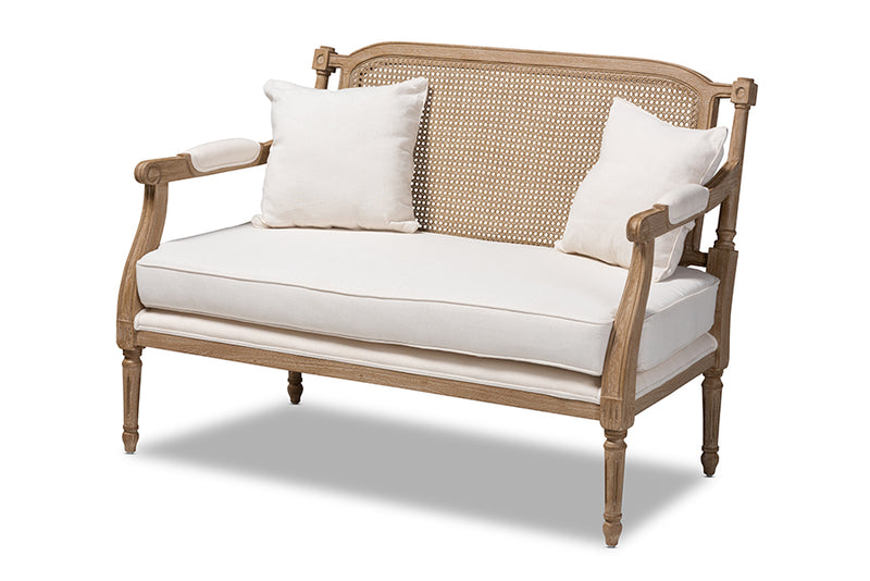 Caleb French Provincial Ivory Fabric Upholstered Whitewashed Wood Loveseat