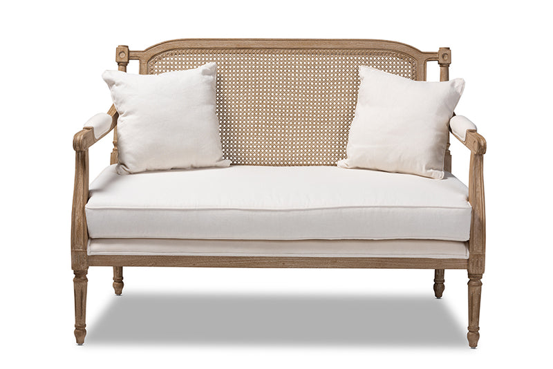 Caleb French Provincial Ivory Fabric Upholstered Whitewashed Wood Loveseat