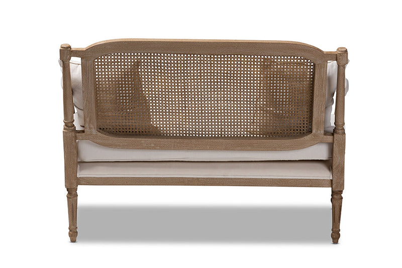 Caleb Ivory Fabric Upholstered Whitewashed Wood Loveseat Baxton
