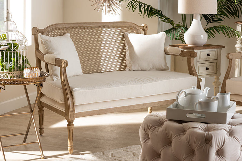 Caleb Ivory Fabric Upholstered Whitewashed Wood Loveseat Baxton