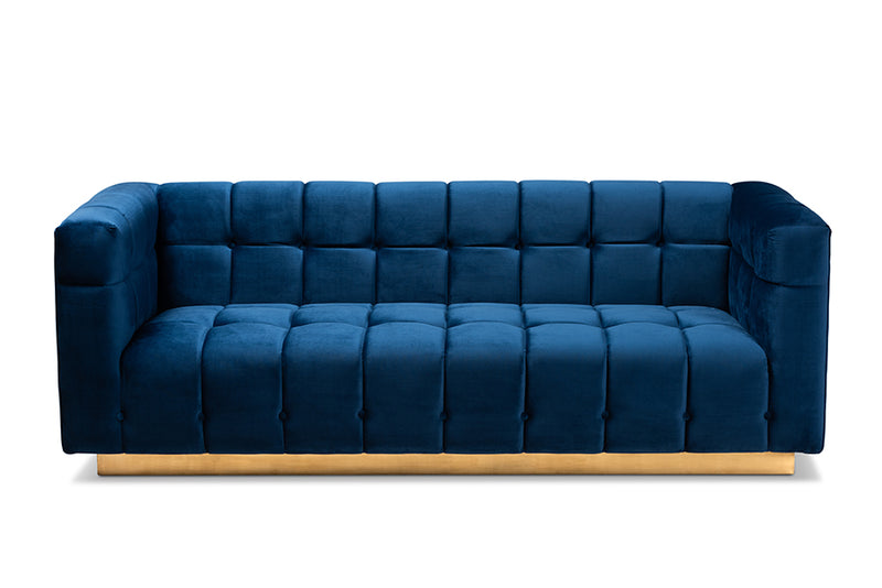 Marlie Glam and Luxe Navy Blue Velvet Fabric Upholstered Brushed Gold Finished Sofa