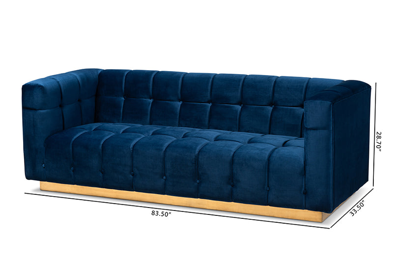 Marlie Glam and Luxe Navy Blue Velvet Fabric Upholstered Brushed Gold Finished Sofa