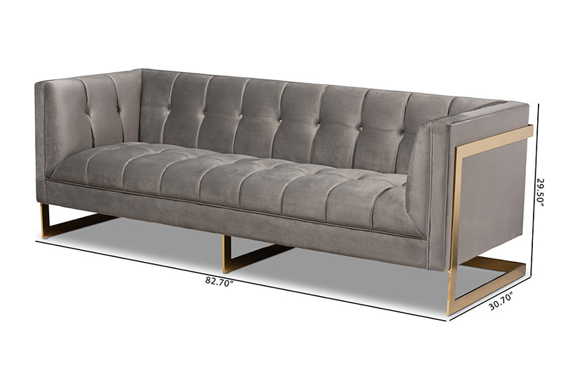 Herald Glam and Luxe Gray Velvet Fabric Upholstered and Button Tufted Sofa w/Gold-Tone Frame