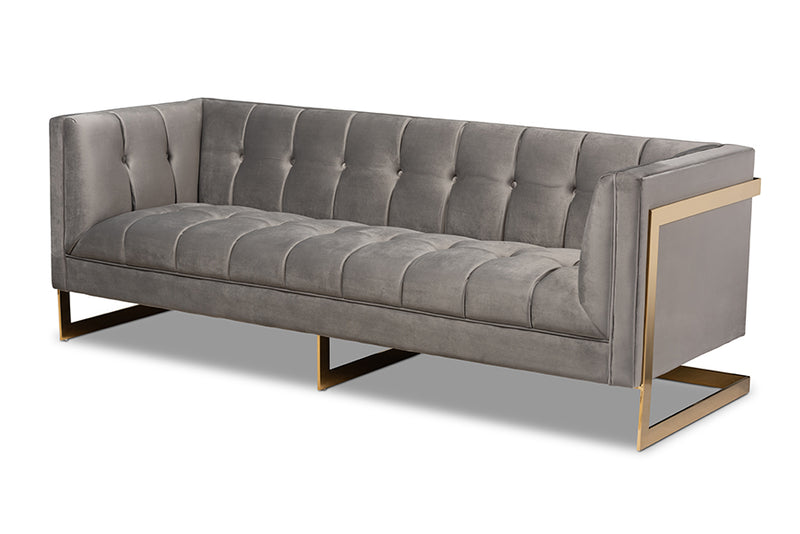 Herald Glam and Luxe Gray Velvet Fabric Upholstered and Button Tufted Sofa w/Gold-Tone Frame