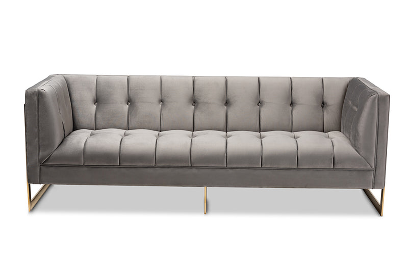 Herald Glam and Luxe Gray Velvet Fabric Upholstered and Button Tufted Sofa w/Gold-Tone Frame