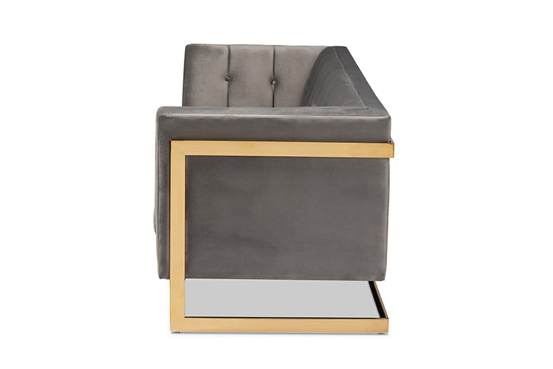 Herald Glam and Luxe Gray Velvet Fabric Upholstered and Button Tufted Sofa w/Gold-Tone Frame