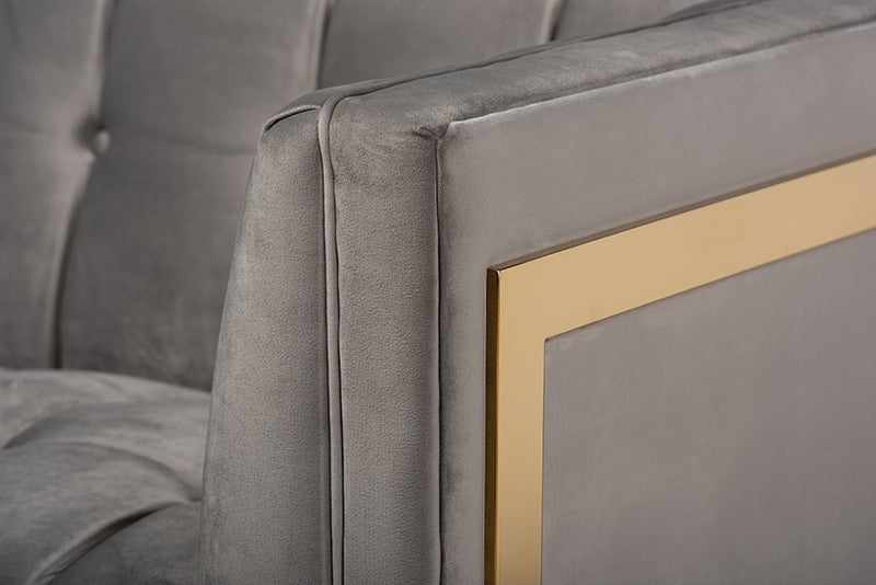 Herald Glam and Luxe Gray Velvet Fabric Upholstered and Button Tufted Sofa w/Gold-Tone Frame