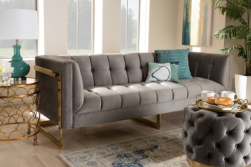 Herald Glam and Luxe Gray Velvet Fabric Upholstered and Button Tufted Sofa w/Gold-Tone Frame