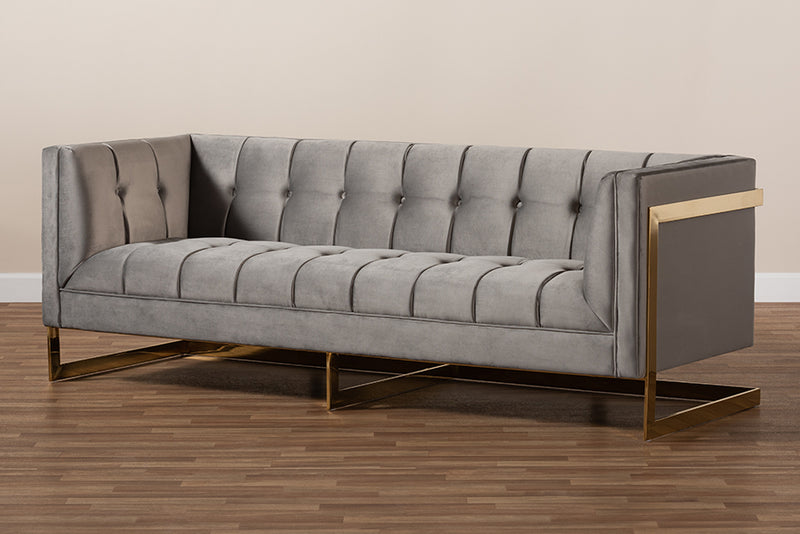 Herald Glam and Luxe Gray Velvet Fabric Upholstered and Button Tufted Sofa w/Gold-Tone Frame