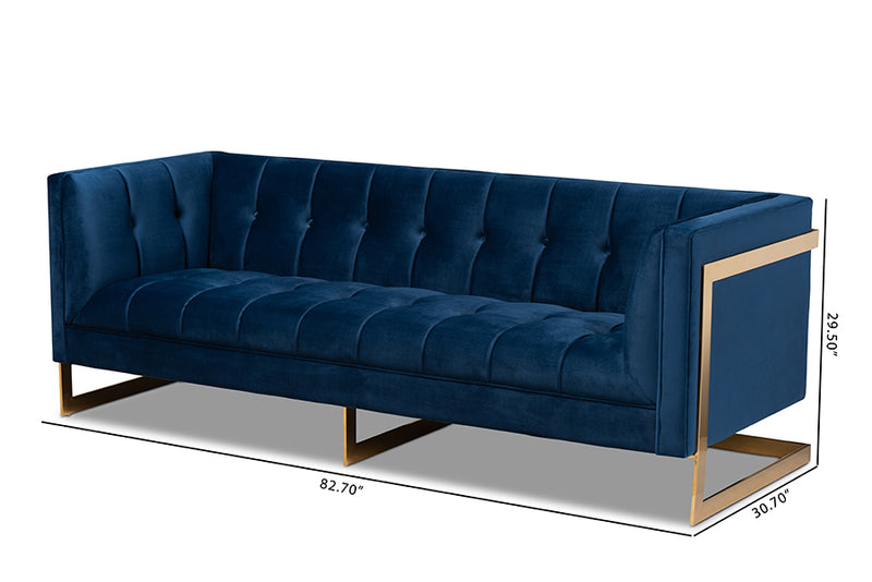 Herald Glam and Luxe Royal Blue Velvet Fabric Upholstered and Button Tufted Gold Sofa w/Gold-Tone Frame