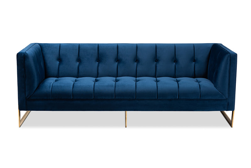 Herald Glam and Luxe Royal Blue Velvet Fabric Upholstered and Button Tufted Gold Sofa w/Gold-Tone Frame