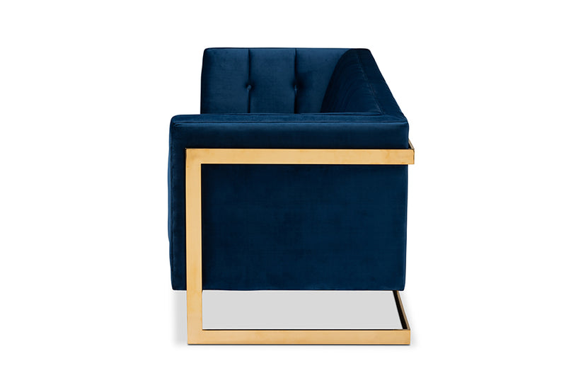 Herald Glam and Luxe Royal Blue Velvet Fabric Upholstered and Button Tufted Gold Sofa w/Gold-Tone Frame