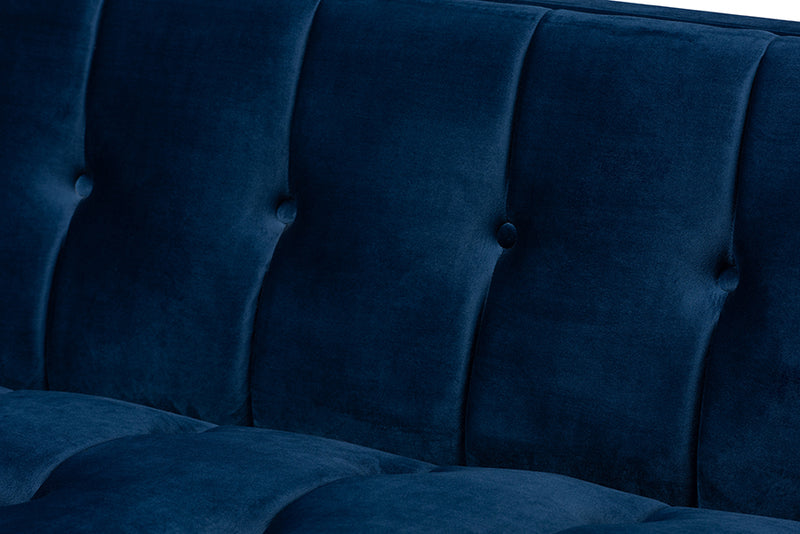 Herald Glam and Luxe Royal Blue Velvet Fabric Upholstered and Button Tufted Gold Sofa w/Gold-Tone Frame