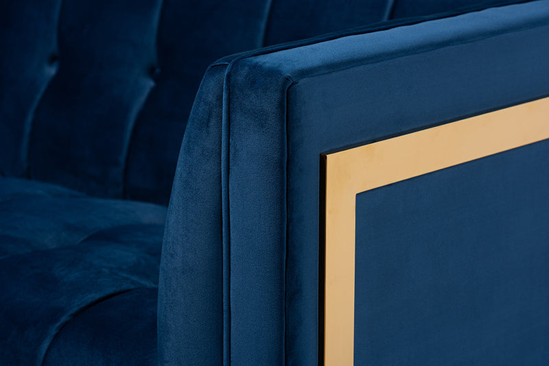 Herald Glam and Luxe Royal Blue Velvet Fabric Upholstered and Button Tufted Gold Sofa w/Gold-Tone Frame