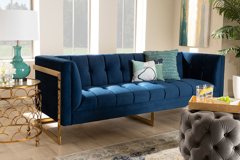 Herald Glam and Luxe Royal Blue Velvet Fabric Upholstered and Button Tufted Gold Sofa w/Gold-Tone Frame