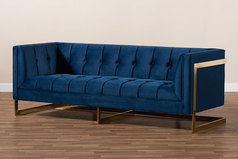 Herald Glam and Luxe Royal Blue Velvet Fabric Upholstered and Button Tufted Gold Sofa w/Gold-Tone Frame