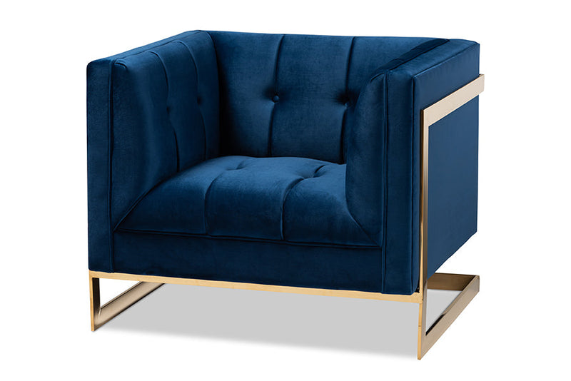 Herald Royal Blue Velvet Fabric Button Tufted Armchair w/Gold-Tone Frame Baxton