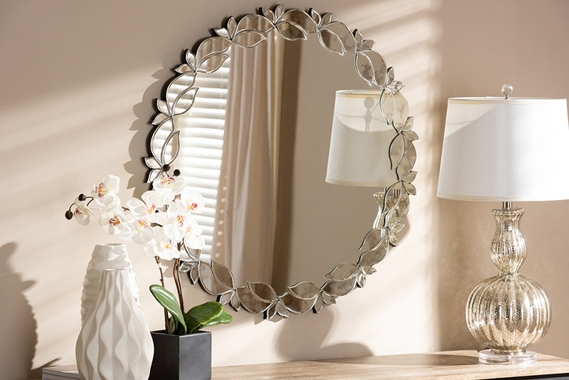 Carson Modern and Contemporary Silver Finished Round Petal Leaf Accent Wall Mirror