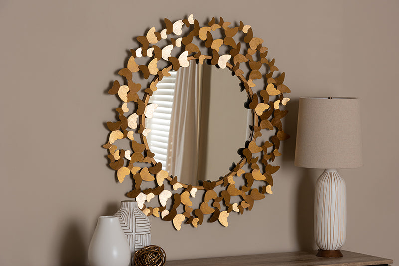 Adra Modern and Contemporary Antique Gold Finished Butterfly Accent Wall Mirror