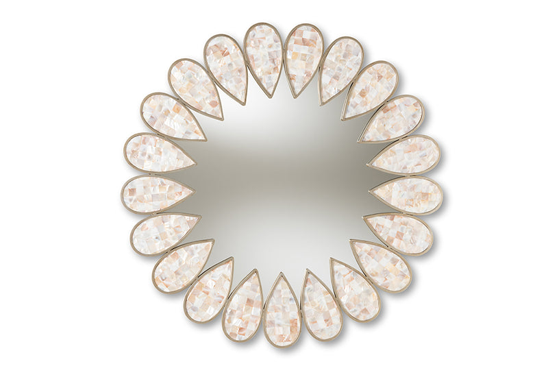 Herzen Modern and Contemporary Antique Silver Finished Round Shell Petal Accent Wall Mirror