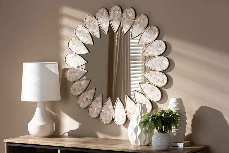 Herzen Antique Silver Finished Round Shell Petal Accent Wall Mirror Baxton
