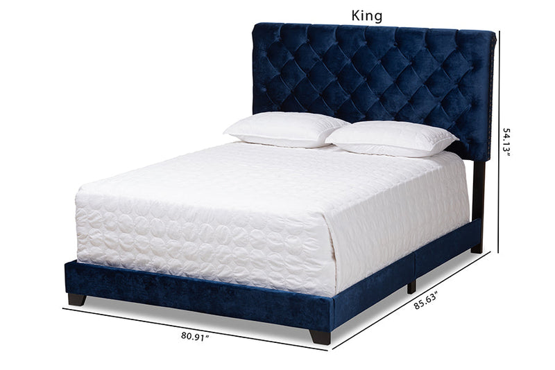 Landen Luxe and Glamour Navy Velvet Upholstered King Size Bed Baxton