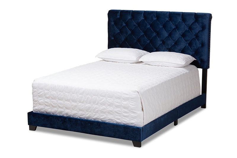 Landen Luxe and Glamour Navy Velvet Upholstered King Size Bed Baxton