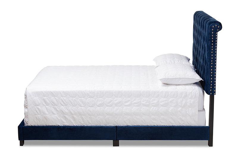 Landen Luxe and Glamour Navy Velvet Upholstered King Size Bed Baxton