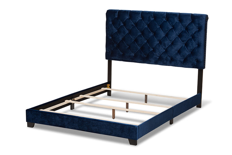 Landen Luxe and Glamour Navy Velvet Upholstered King Size Bed Baxton