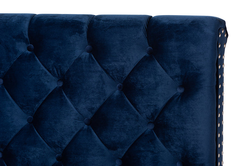 Landen Luxe and Glamour Navy Velvet Upholstered King Size Bed Baxton