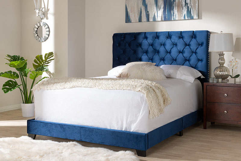 Landen Luxe and Glamour Navy Velvet Upholstered King Size Bed Baxton