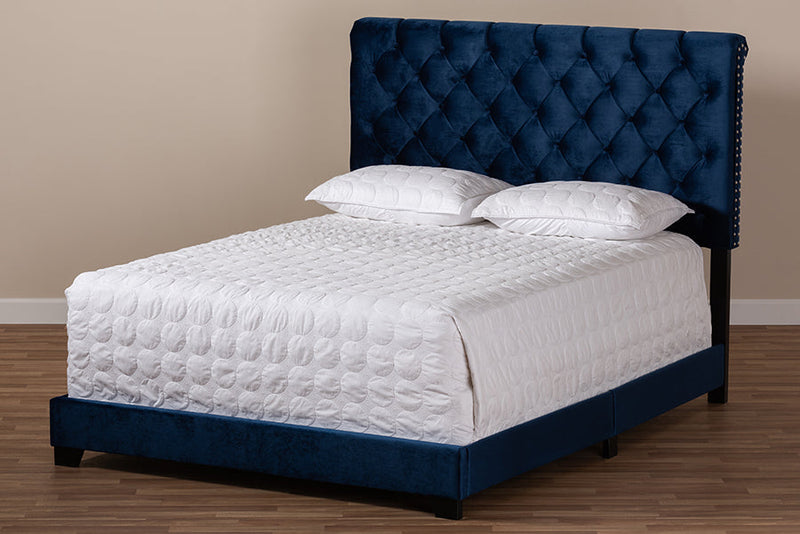 Landen Luxe and Glamour Navy Velvet Upholstered King Size Bed Baxton