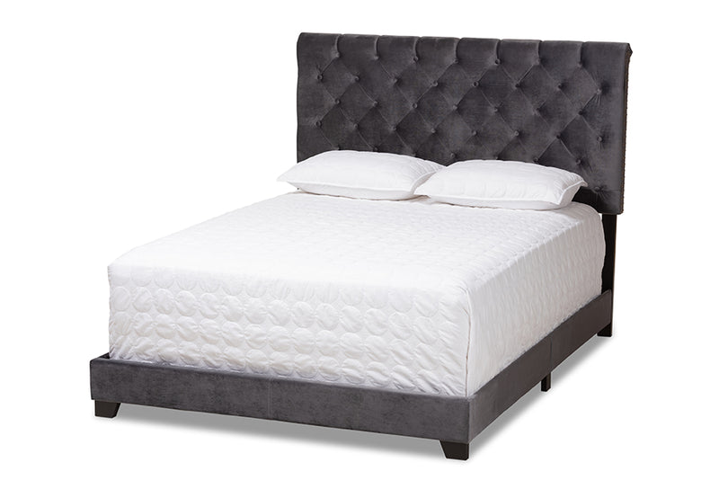 Landen Luxe and Glamour Dark Gray Velvet Upholstered Queen Size Bed