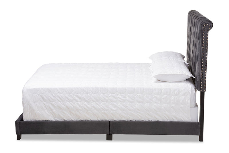 Landen Luxe and Glamour Dark Gray Velvet Upholstered King Size Bed Baxton