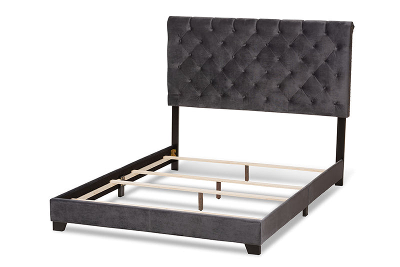 Landen Luxe and Glamour Dark Gray Velvet Upholstered King Size Bed Baxton
