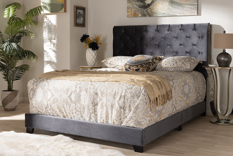 Landen Luxe and Glamour Dark Gray Velvet Upholstered King Size Bed Baxton