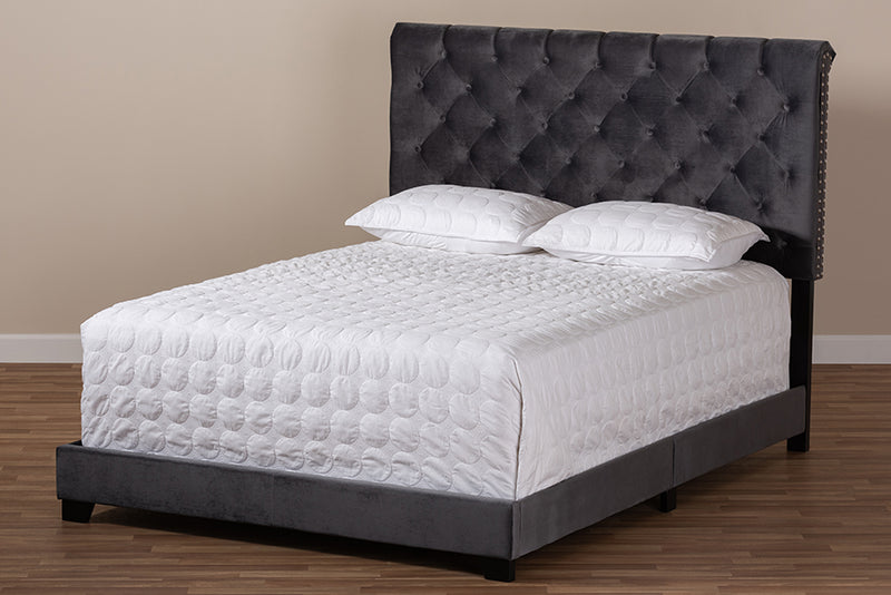 Landen Luxe and Glamour Dark Gray Velvet Upholstered Queen Size Bed