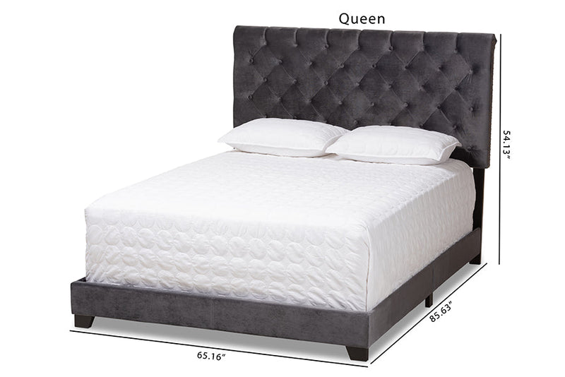 Landen Luxe and Glamour Dark Gray Velvet Upholstered King Size Bed Baxton