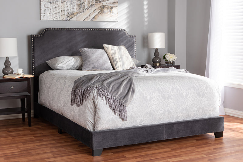 Greta Luxe and Glamour Dark Gray Velvet Upholstered King Size Bed