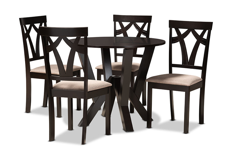 Leonice Modern and Contemporary Sand Fabric Upholstered and Dark Brown Finished Wood 5-Piece Dining Set