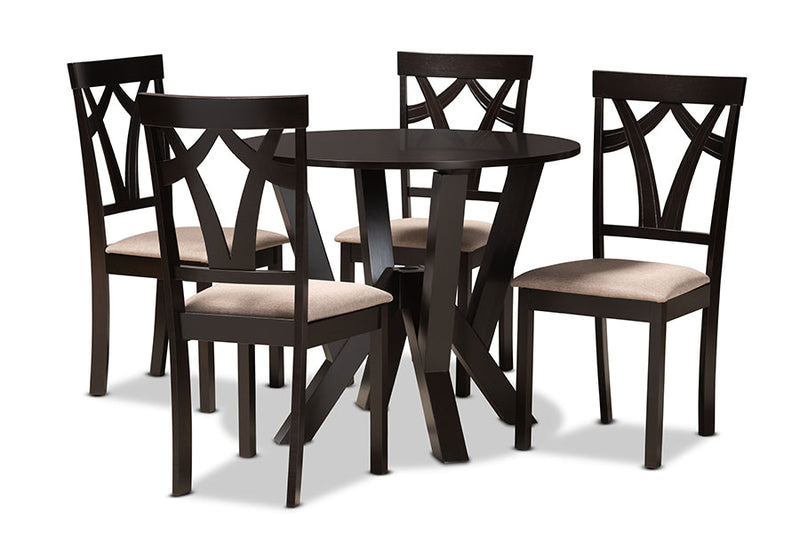 Leonice Sand Fabric Upholstered and Dark Brown 5-Piece Dining Set Baxton