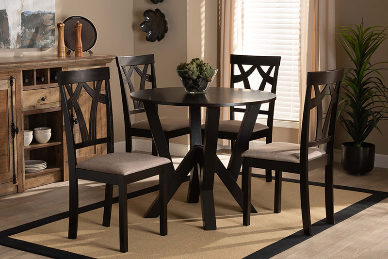 Leonice Modern and Contemporary Sand Fabric Upholstered and Dark Brown Finished Wood 5-Piece Dining Set