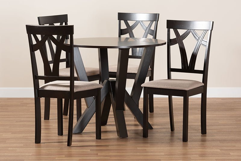 Leonice Modern and Contemporary Sand Fabric Upholstered and Dark Brown Finished Wood 5-Piece Dining Set