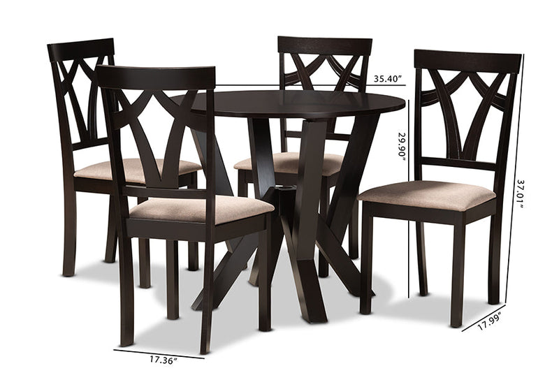 Leonice Sand Fabric Upholstered and Dark Brown 5-Piece Dining Set Baxton