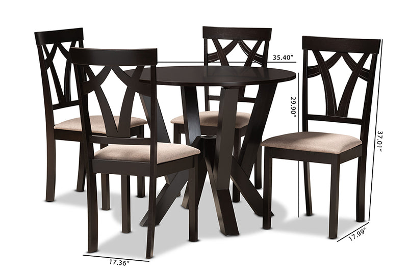 Leonice Modern and Contemporary Sand Fabric Upholstered and Dark Brown Finished Wood 5-Piece Dining Set