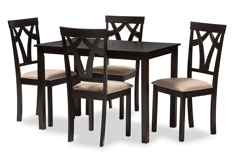 Helina Espresso Brown Finished and Sand Fabric Upholstered 5-Piece Dining Set Baxton