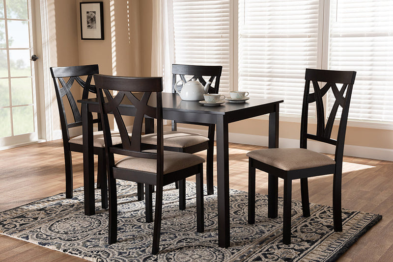 Helina Espresso Brown Finished and Sand Fabric Upholstered 5-Piece Dining Set Baxton
