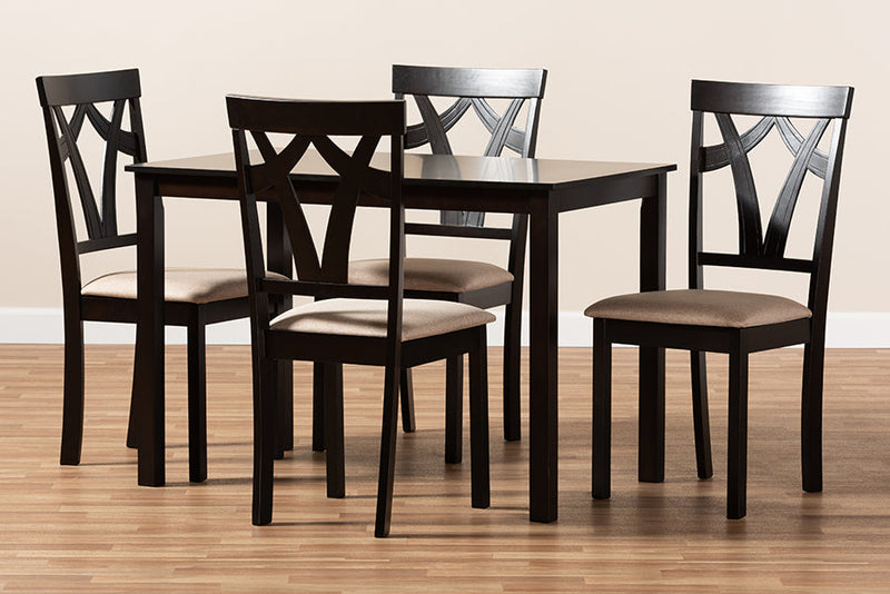 Helina Espresso Brown Finished and Sand Fabric Upholstered 5-Piece Dining Set Baxton