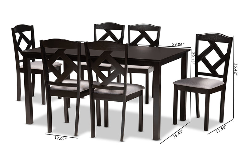 Emiko Modern Transitional Gray Fabric Upholstered and Dark Brown Finished Wood 7-Piece Dining Set